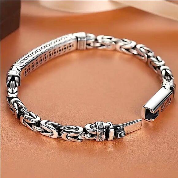 Stainless Steel Chain Link Bracelet, Mantra, Curb Hand Woven Engraved - Picture 3 of 4
